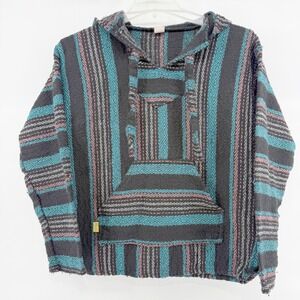 Molina Baja Hoodie Pullover Black Teal Pink Stripe Poncho Blanket Lined